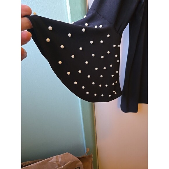 Sue Levine Black Blouse Shirt Pearls Sleeves Tie Back Women's Size Large Elegant - Picture 4 of 10